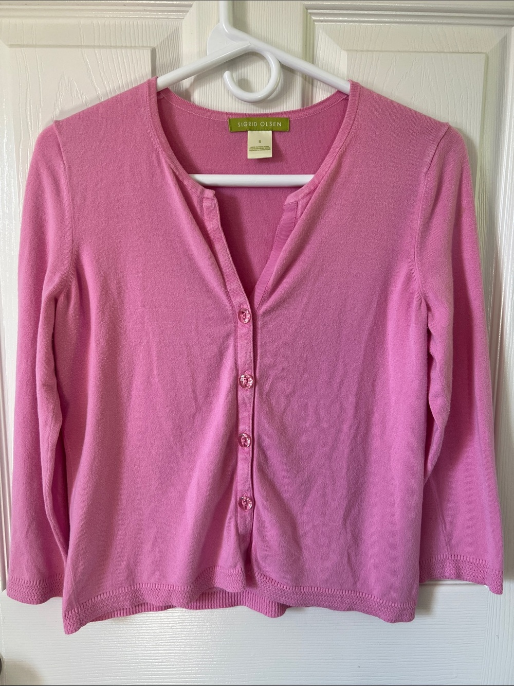 Sigrid Olsen Dressy Pink Button Up Light Knit Short Cardigan Size Small